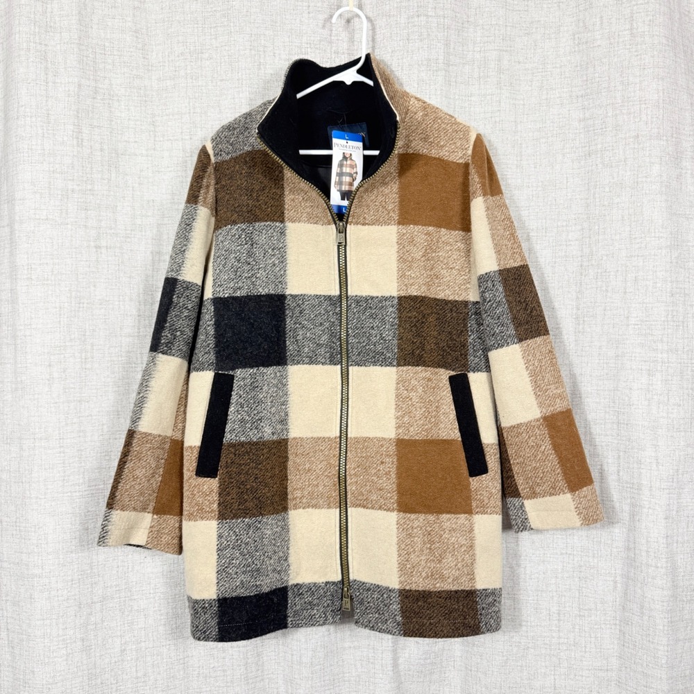 Pendleton Wool Blend Walker Coat Womens Large Tan Cream Plaid Double Zip NWT